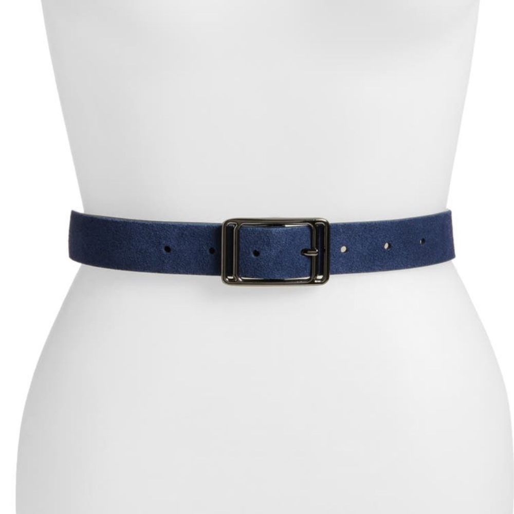 Square buckle leather belt in navy